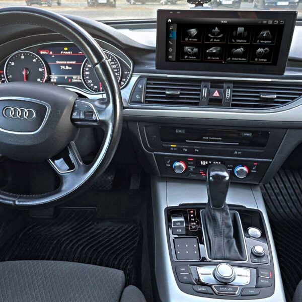 Audi A6 multimedija su programėlėmis, android operacine sistema, laikrodžio meniu.