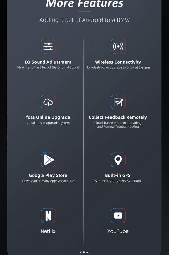 Infographic highlighting features of an Android AI Box for BMW. Features include EQ Sound Adjustment for enhancing sound quality, Wireless Connectivity for smooth integration, FOTA Online Upgrade for cloud-based updates, Remote Feedback Collection for troubleshooting, access to Google Play Store, Built-in GPS supporting GPS/GLONASS/BeiDou, and streaming capabilities with Netflix and YouTube.