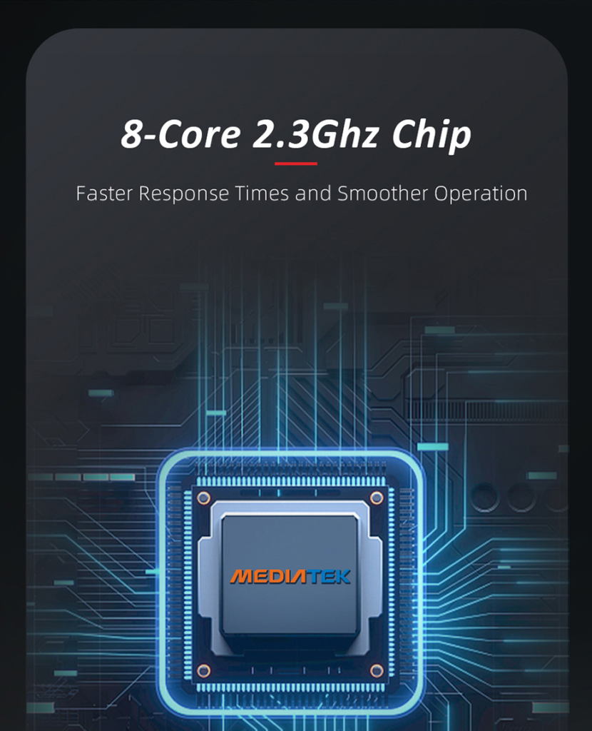 Graphic showcasing an 8-core 2.3GHz MediaTek chip, emphasizing faster response times and smoother operation. The image features a futuristic design with glowing circuitry surrounding the chip, highlighting its advanced processing capabilities.