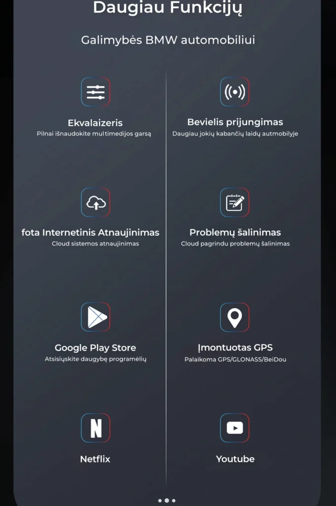 BMW automobiliui skirtas „AI Box“ funkcijų sąrašas: ekvalaizeris, bevielis prijungimas, internetiniai atnaujinimai, problemų šalinimas, „Google Play Store“, įmontuotas GPS, „Netflix“ ir „YouTube“ palaikymas.