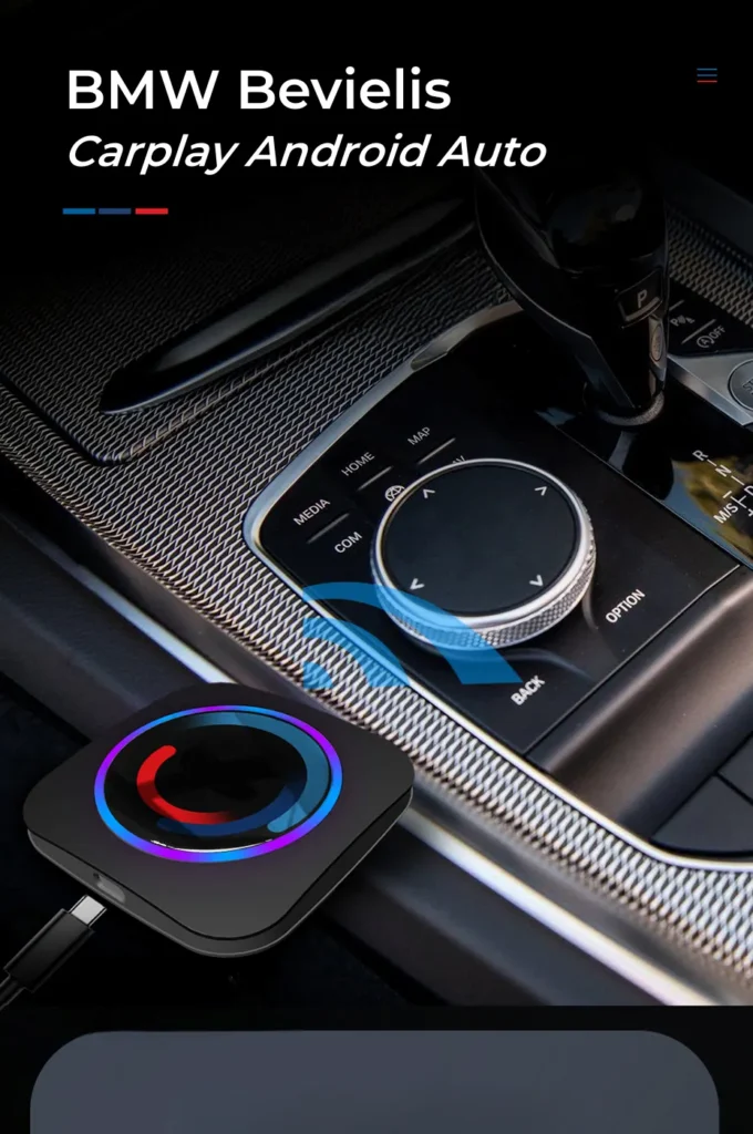 BMW automobilio interjeras su bevieliu „CarPlay“ ir „Android Auto“ adapteriu, prijungtu prie centrinės valdymo konsolės.
