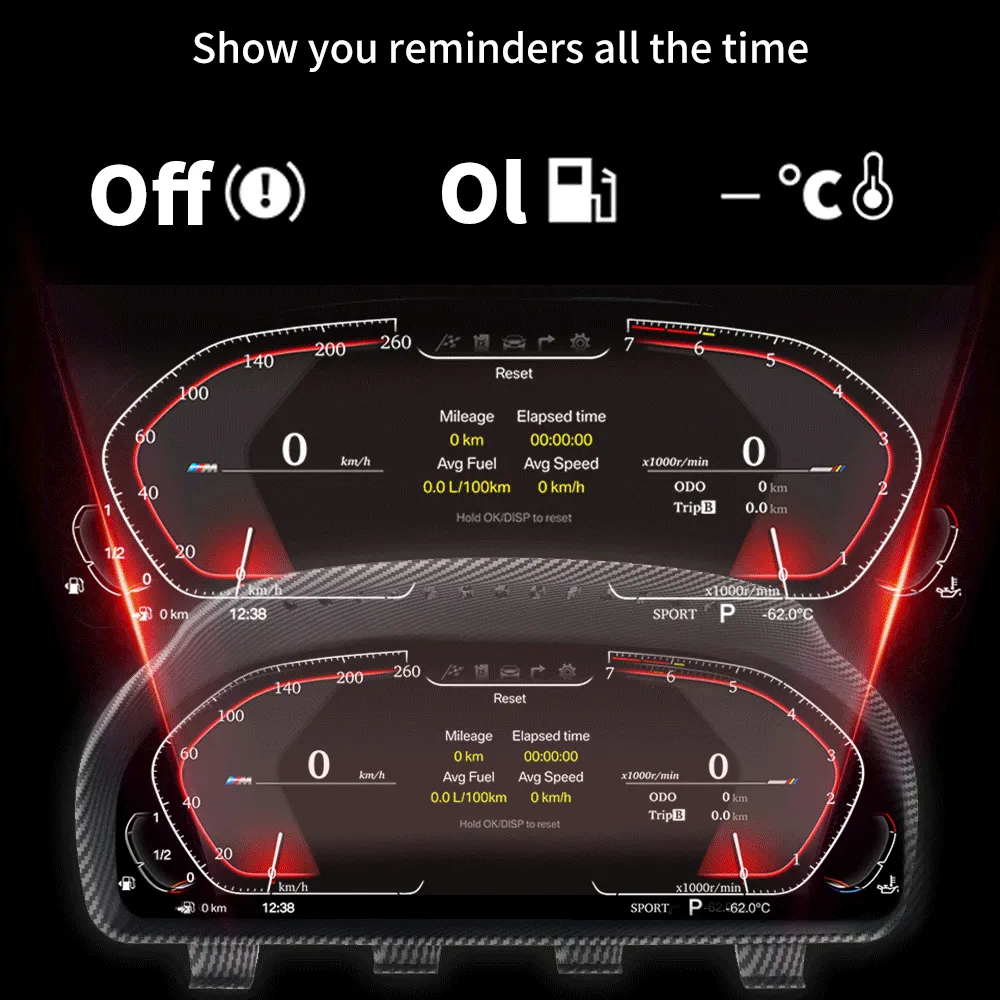 BMW Digital Cluster displays information such as fuel level, oil temperature and other important messages