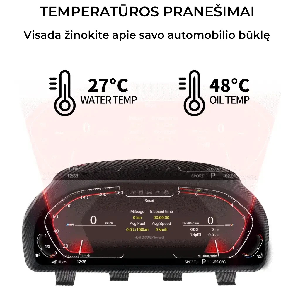 Skaitmeninis skydelis rodo informaciją, tokią kaip vandens ir alyvos temperatūra.