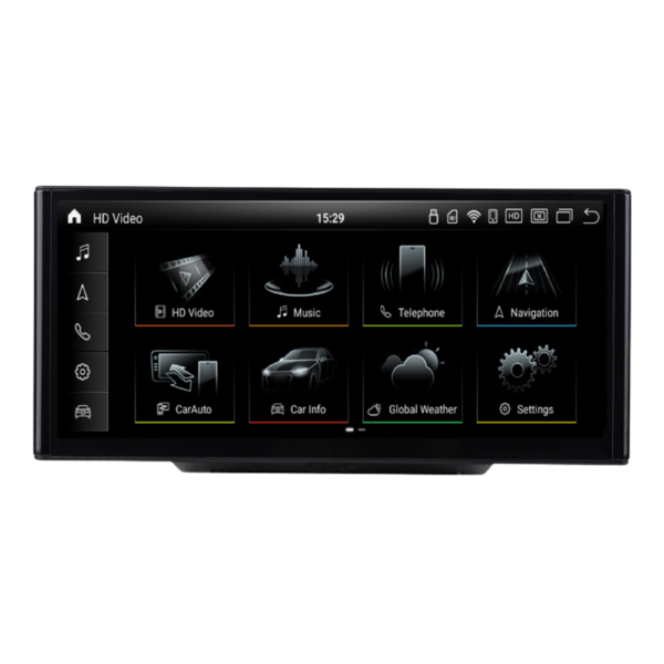 Audi A1 Android multimedia screen with Apple Carplay and Android Auto function. Product color is black.