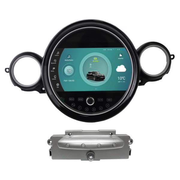 Mini Cooper Android Multimedija - GPS, Navigacija. Įdiegtas Apple Carplay ir Android Auto. Rinkinį sudaro juodos spalvos multimedijos ekranas ir sidabrinės spalvos valdiklis.