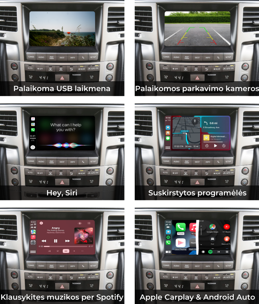 Modulis originaliame multimedijos ekrane palaiko Apple Carplay ir Android Auto bevielę funkciją. Taip pat galima leisti įrašus iš USB laikmenos, naudotis parkavimo kameromis, klausytis muzikos per spotify.