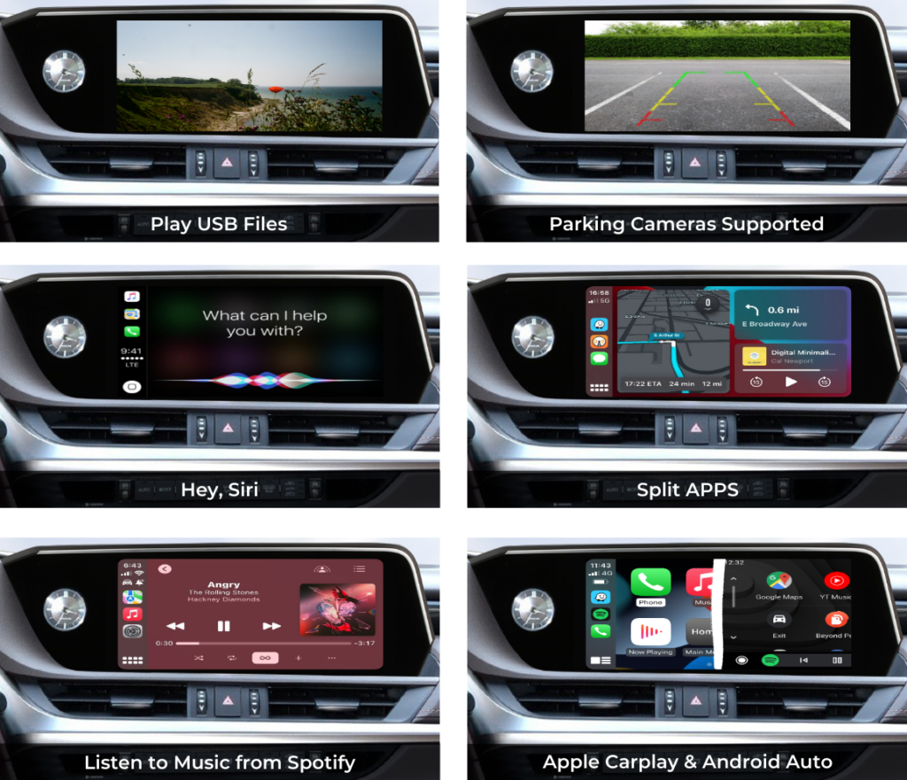 Apple CarPlay and Android Auto integration in a Lexus ES multimedia screen showcasing features like USB file playback, parking cameras, Siri support, Split Apps, and Spotify.