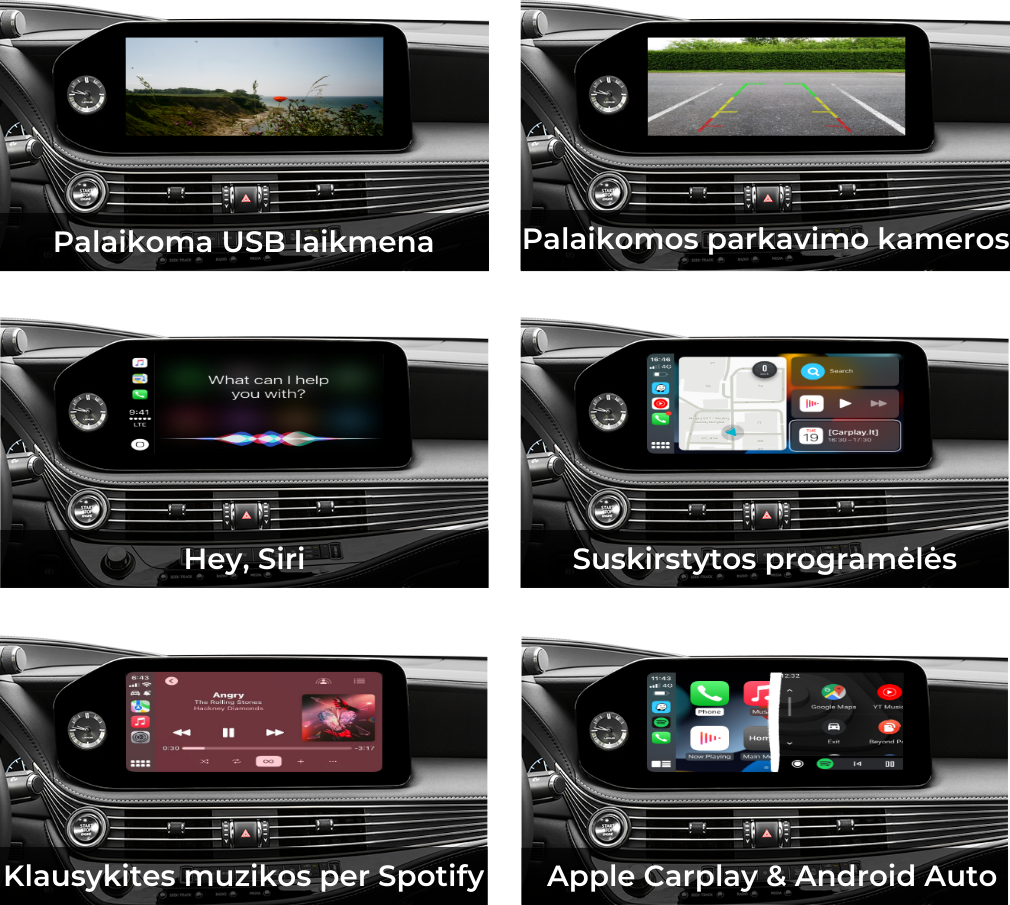Lexus LS 2013-2022 m. informacijos ir pramogų sistema su Apple CarPlay, Android Auto, USB laikmenos, parkavimo kamerų palaikymu, Siri, padalytomis programėlėmis ir muzikos klausymosi per spotify programėlę.