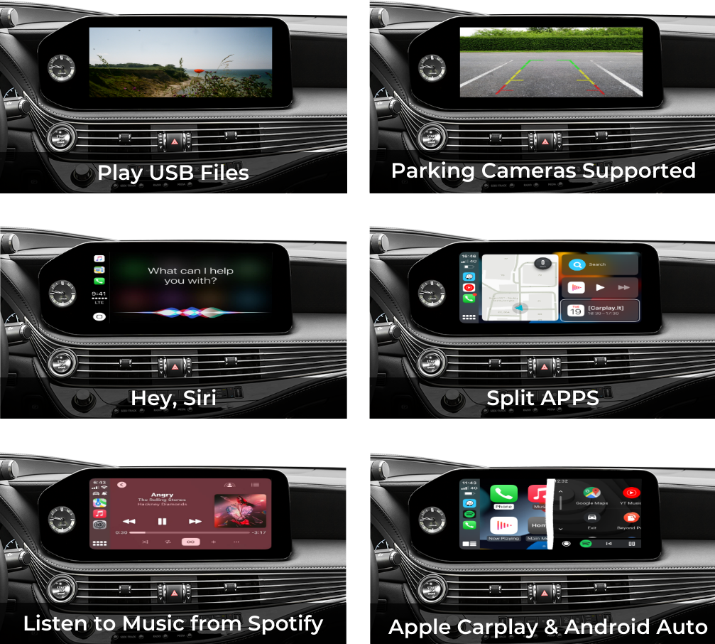 Lexus LS 2013-2022 infotainment system with Apple CarPlay, Android Auto, USB storage, parking camera support, Siri, split apps and music listening via the Spotify app.