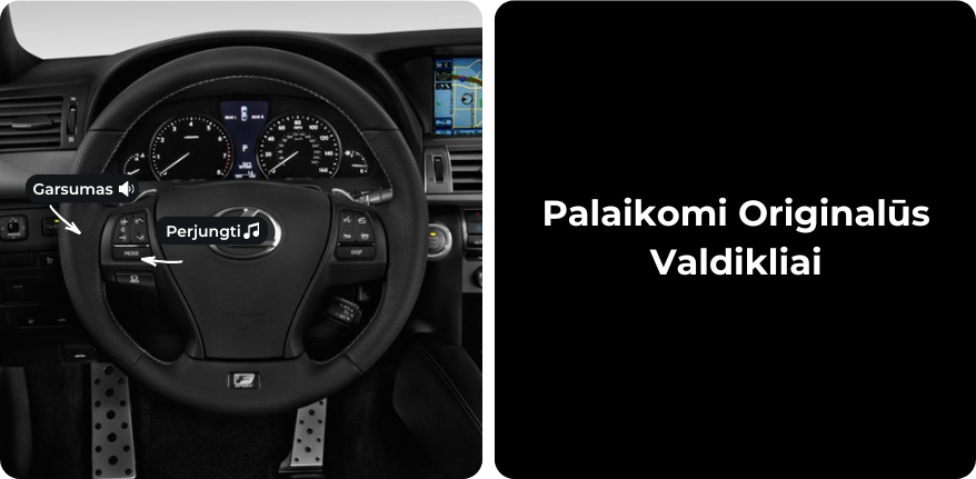 Palaikomi originalūs automobilio valdikliai, muzikos garsumo reguliavimas ir įrašų perjungimas