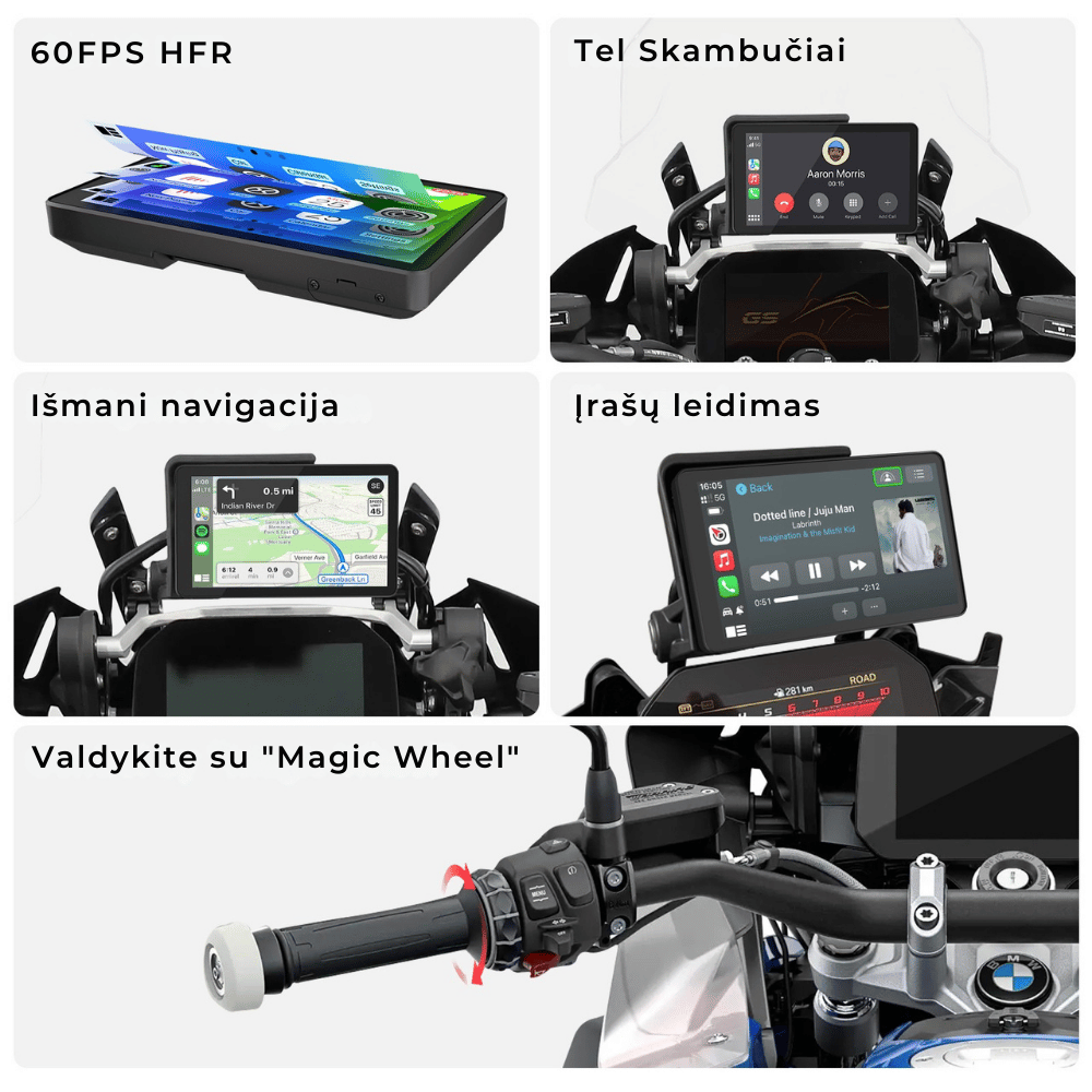 Koliažas, kuriame pavaizduotas motociklo prietaisų skydelis su funkcijomis: 60FPS ekranas, telefono skambučių ekranas, navigacijos žemėlapis, muzikos atkūrimas ir valdymo vairas.