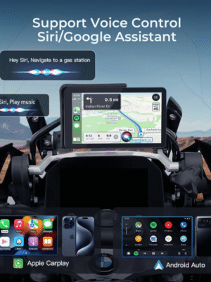 BMW Motorcycle dashboard with voice-controlled GPS, Apple CarPlay, and Android Auto. Display shows navigation, apps, and music. Desert landscape in background.
