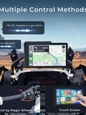 BMW Motorcycle dashboard with GPS, Siri commands for navigation and music. Features include a control wheel and touchscreen. Desert landscape in background.
