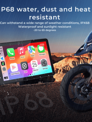 Touchscreen with colorful app icons and water droplets, beside a motorcycle, showcases IP68 water, dust, and heat resistance in a desert landscape.