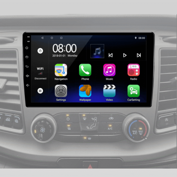 The Ford Transit multimedia head unit is tailored to the car's interior. Touchscreen function and Android operating system.