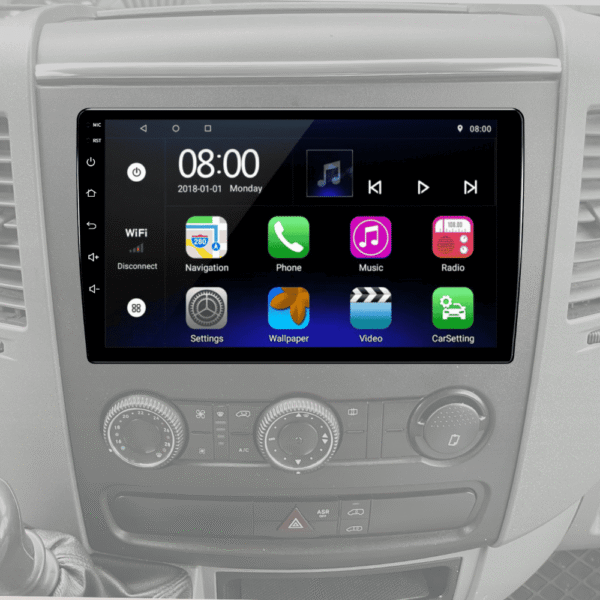 The Mercedes Sprinter W906 head unit system is perfectly matched to the car's interior. Touchscreen with Android operating system.