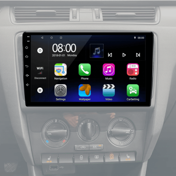Skoda Rapid Android Head unit multimedia system with touchscreen function. Design matches the car's interior.