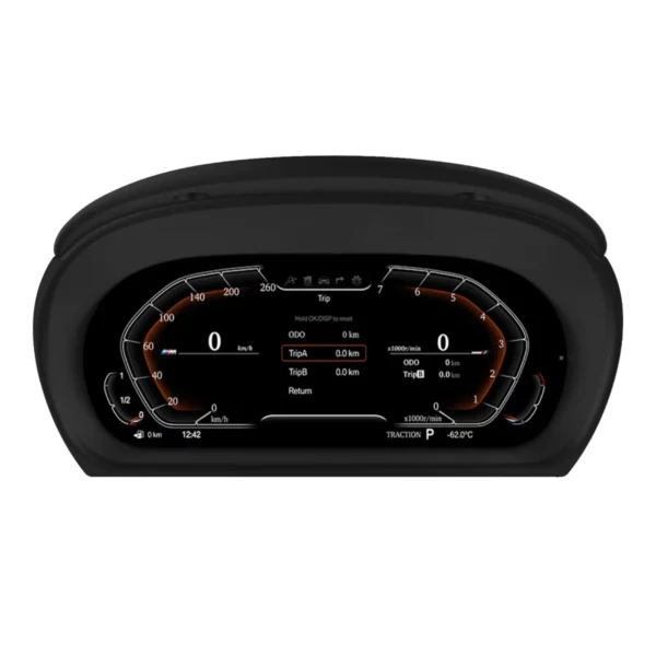 Modernus skaitmeninis prietaisų skydelis skirtas BMW E90, sureguliuotas šviesti raudona spalva.